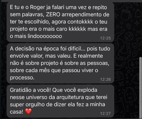 Depoimento original de cliente da Compplex Arquitetura em conversa de WhatsApp